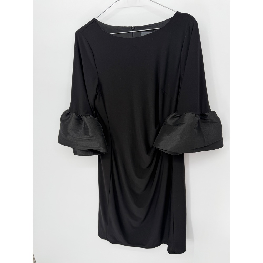 Adrianna Papell Womens Sheath Dress Ruffle Bell Sleeve Black 12